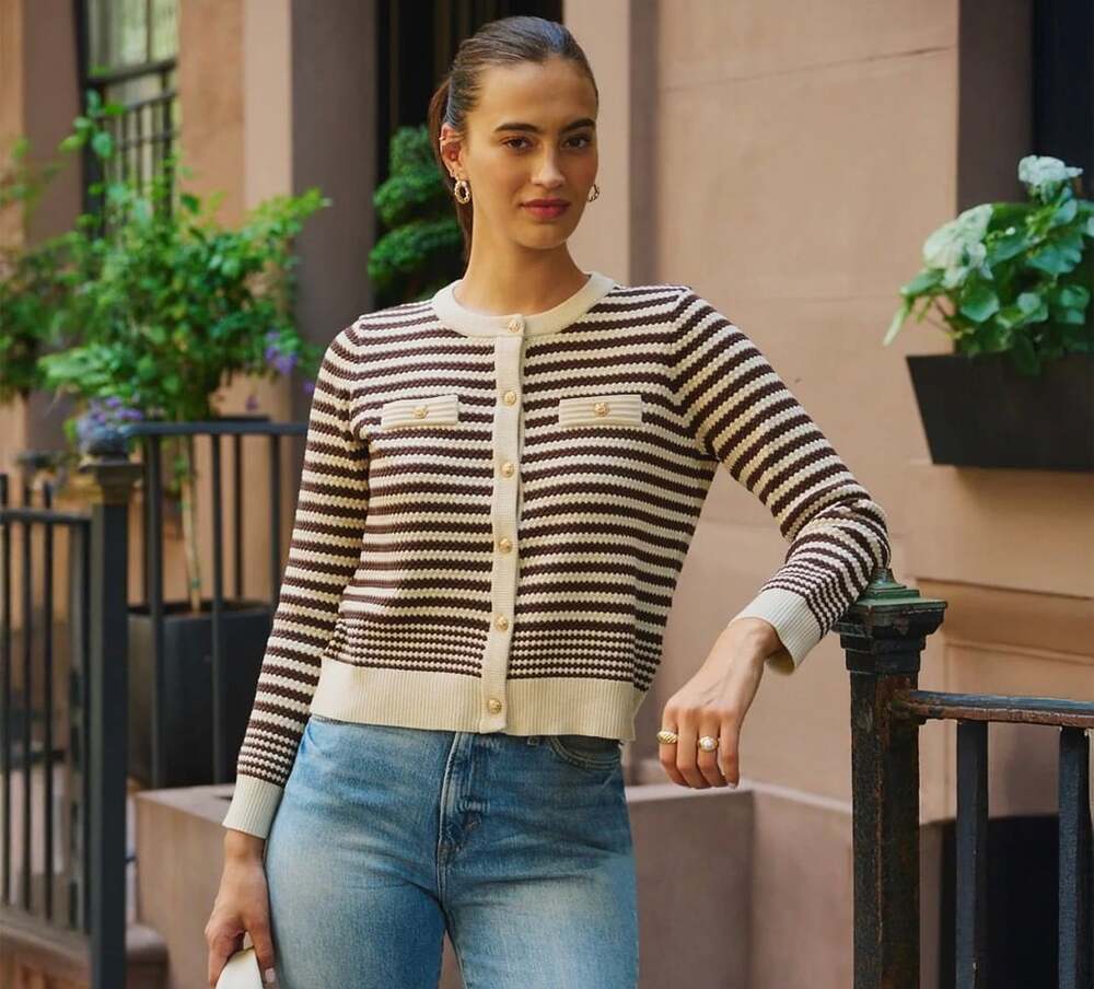 Adrianna Papell Wool blend cream black striped pointelle cardigan Size M